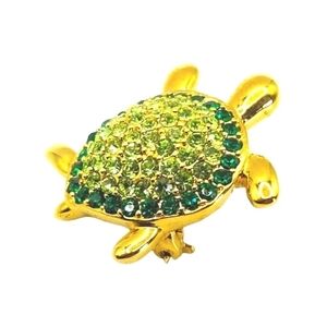 Vintage Monet Turtle Pin Dark Light Green Rhinestones Gold Tone Metal 1" Signed